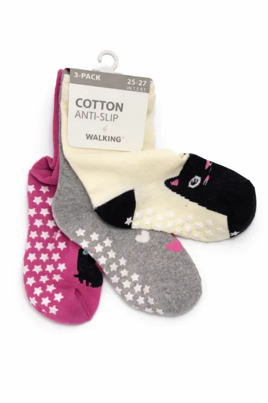 Wiges 3-pk Anti-Slip Sokker - Hvit/Grå/Rosa/Katt & Hjerte